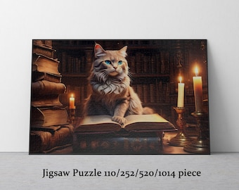 May include: A jigsaw puzzle featuring a fluffy cat with blue eyes sitting on an open book. The cat is in a library setting with stacks of books, lit candles, and a dark wooden bookshelf in the background.