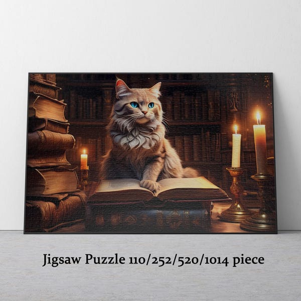 Cat in Magic Library Jigsaw Puzzle for Adults: Fun Brain Teaser. Jigsaw for Family
