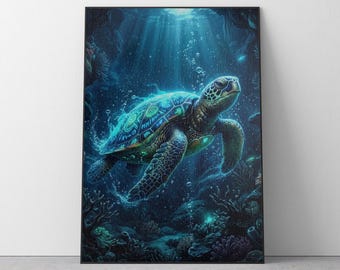 May include: A jigsaw puzzle featuring a vibrant illustration of a sea turtle swimming underwater. The turtle has a detailed shell with blue and green patterns, surrounded by bubbles and coral. The text "Jigsaw Puzzle 110/252/520/1014 piece" is at the bottom.