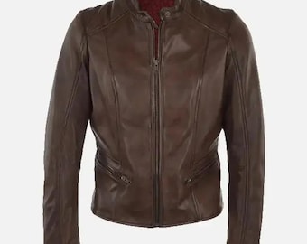 Brown Leather Moto Jacket: Slim Fit Cowhide Biker Style