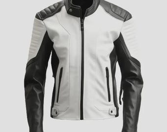 Svartvit Moto Racer-jacka herr | Ytterkläder i fårskinnsläder för motorcyklar | Slim fit tryckknappskrage | Handgjord design