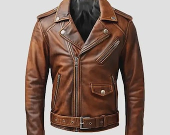 Men's Vintage Brown Leather Biker Jacket with Belt | Real Sheepskin Motorcycle Outerwear