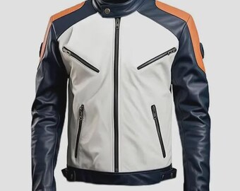 Zweifarbige Moto-Jacke aus Schaffellleder in Weiß und Blau - Slim Fit Biker