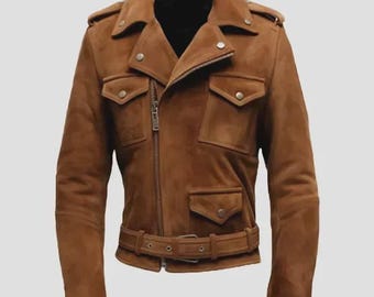 May include: A brown suede jacket with a classic biker style. Features include a notched collar, asymmetrical zipper, multiple pockets, and a belt at the waist. The jacket has a tailored fit and a rich, warm color.
