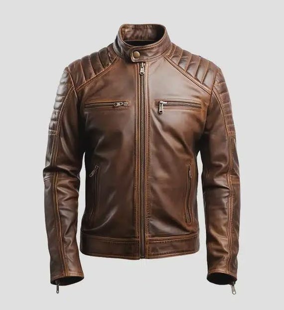 épine レザージャケット brown Men's Distressed Brown Leather Jacket | Slim Fit Moto Racer Style