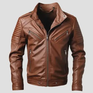 Men&#39;s Brown Biker Leather Jacket | Quilted Shoulder Moto Style | Sheepskin Slim Fit Motorcycle Jacket