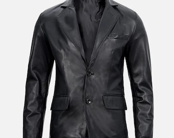 Men's Black Leather Blazer Jacket | Sheepskin Button-Up Coat | Formal Slim Fit Leather Outerwear