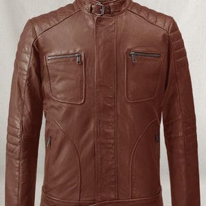 Blouson motard en cuir marron clair pour homme - Style coureur en peau de mouton fait main avec manches matelassées | Veste de moto coupe slim