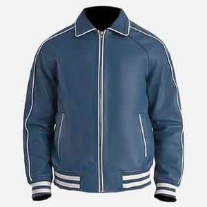 Men&#39;s Blue Leather Varsity Jacket | Real Sheepskin Letterman Outerwear | Custom Fit Bomber Jacket | Soft Lining & Ribbed Hem | Street Style