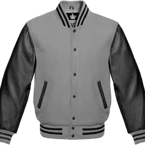 Grey Varsity Letterman Jacket | Men&#39;s Wool & Leather Bomber | Vintage College Jacket | Custom Fit Varsity Outerwear