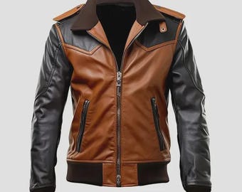 May include: A two-tone leather jacket with a brown body and black sleeves. The jacket features a zip-up front, a brown collar, and two zippered pockets on the chest. The jacket has a ribbed hem and cuffs.
