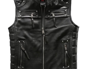 Black Quilted Leather Biker Vest for Men – Real Sheepskin Sleeveless Jacket