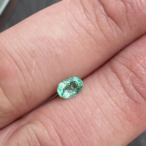 May include: A small, oval-shaped, light green gemstone with internal inclusions. The gem is held between fingers, showcasing its color and clarity. The gemstone is likely an emerald, a popular choice for jewelry.