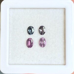 May include: Four oval-cut gemstones in a white display case. Two are a deep teal color, and two are shades of pink. The gemstones are set against a white background, and the case has a white border.
