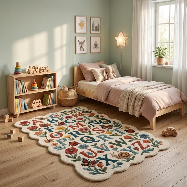 May include: A children's bedroom with a wooden bed, bookshelf, and a cream-colored rug. The rug features the alphabet with colorful flowers, butterflies, and insects. The room has framed art and a star-shaped wall light.