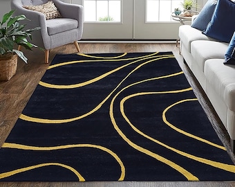 Abstract Black Gold Area Rug | Handmade Tufted Modern Carpet | Luxury Wave Line Contemporary Living Room Decor