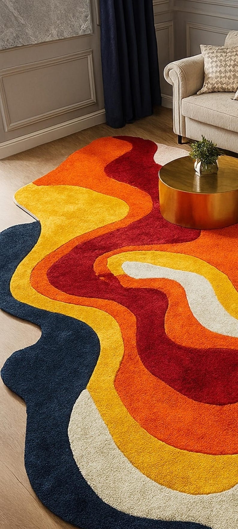 May include: A colorful, abstract area rug with a wavy design. The rug features bands of navy blue, white, yellow, orange, and red. The rug is on a hardwood floor, with a gold side table and a beige sofa in the background.