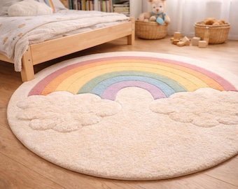 Pastel Rainbow Cloud Rug – Soft Tufted Plush Kids Playroom Carpet