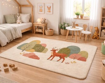 Woodland vloerkleed herten voor kinderen | Handgemaakt getuft kinderspeelkamertapijt | Zachte pastelkleurige bosdierenvloermat
