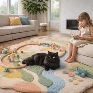 May include: A colorful, whimsical rug with a train track and wooden blocks. A black cat rests on the rug near a young girl reading a book. A plush blue lizard toy is also on the rug. The room has neutral-toned furniture.
