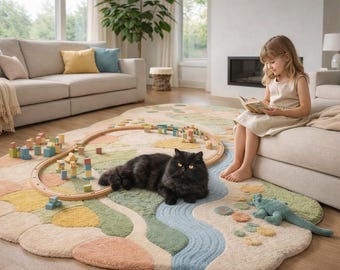 May include: A colorful, whimsical rug with a train track and wooden blocks. A black cat rests on the rug near a young girl reading a book. A plush blue lizard toy is also on the rug. The room has neutral-toned furniture.