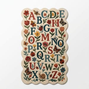 May include: A rectangular rug with a scalloped edge features the alphabet in various colors. Each letter is surrounded by floral and insect illustrations, including butterflies, ladybugs, and flowers. The rug has a cream-colored background.