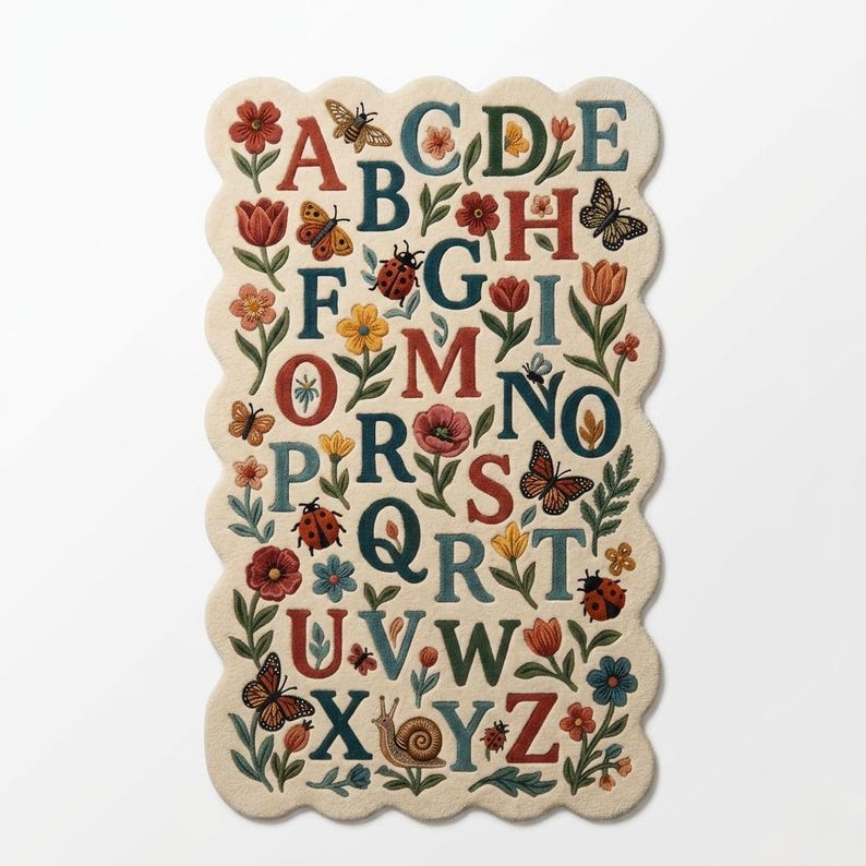 May include: A rectangular rug with a scalloped edge features the alphabet in various colors. Each letter is surrounded by floral and insect illustrations, including butterflies, ladybugs, and flowers. The rug has a cream-colored background.