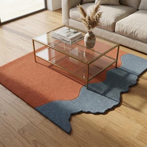 Abstract Terracotta Blue Wool Rug, Handmade Tufted Wave Carpet, Organic Shape Living Room Decor