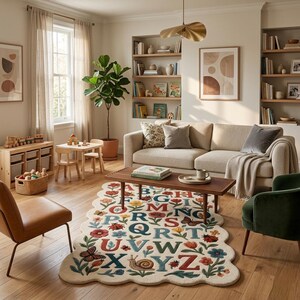 May include: A living room scene with a beige sofa, wooden coffee table, and a colorful alphabet rug. The rug features letters, flowers, and insects. A wooden toy train set and small table and chairs are also visible.