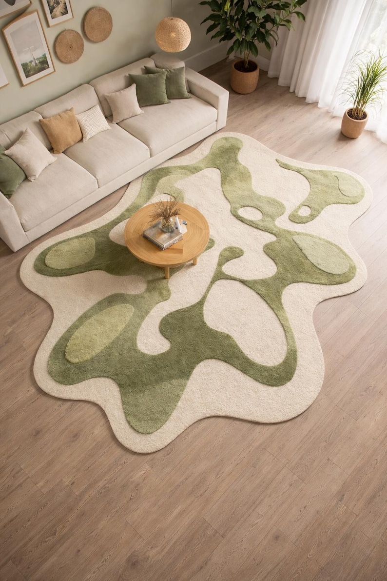Handmade Tufted Organic Rug | Olive Green Abstract Wavy Area Carpet ...
