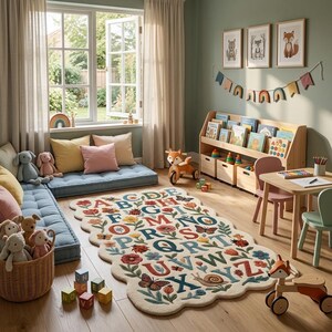 May include: A children's playroom with a cream-colored rug featuring the alphabet, flowers, and butterflies. The room includes a wooden bookshelf, a small table with chairs, and a blue cushioned seating area with pillows. Toys and framed animal art complete the scene.