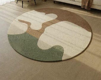 Alfombra abstracta redonda hecha a mano / Alfombra con mechones en tonos tierra