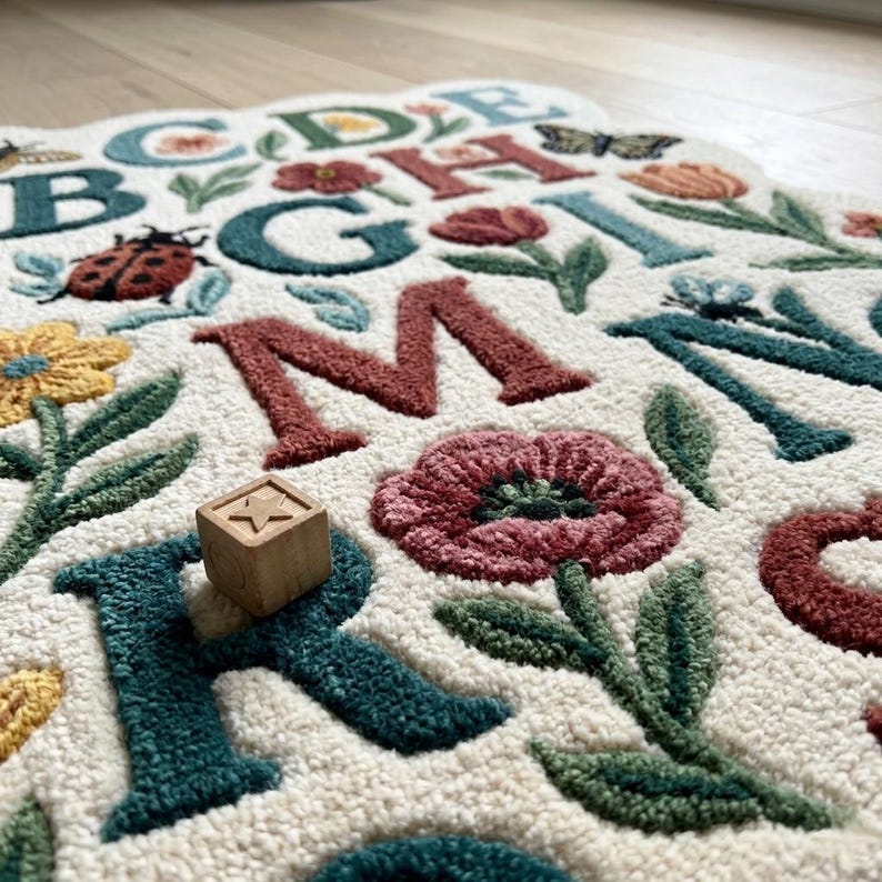 May include: A cream-colored alphabet rug with embroidered letters, flowers, and insects. The letters are in various colors, including teal, red, and brown. A wooden block with a star is on the rug. The rug has a floral border.