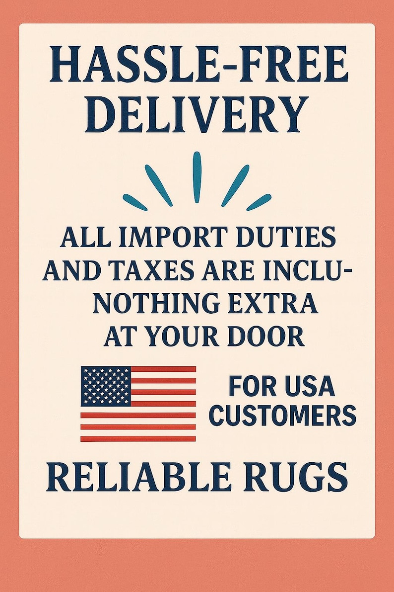 May include: A rectangular sign with a peach background and navy blue text. The text reads "HASSLE-FREE DELIVERY" and "ALL IMPORT DUTIES AND TAXES ARE INCLUDED - NOTHING EXTRA AT YOUR DOOR". Includes a US flag and "FOR USA CUSTOMERS".