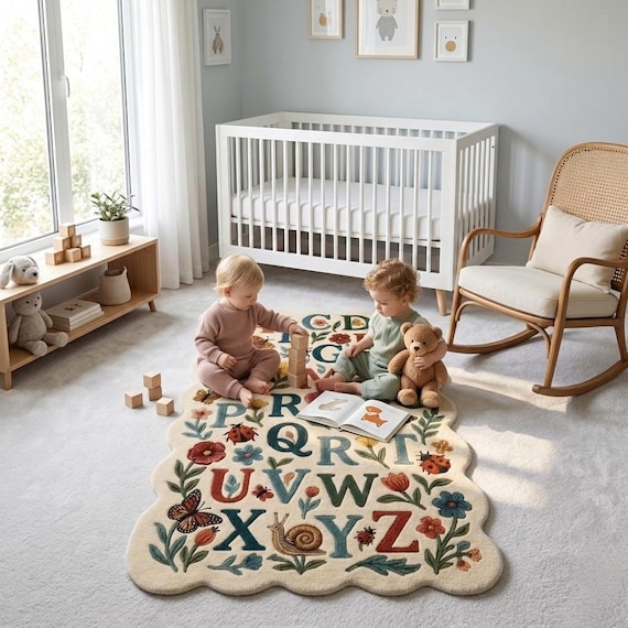 Handmade Tufted ABC Alphabet Rug: Scalloped Cream Learning Carpet for Kids Bedrooms
