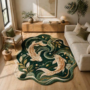 May include: A green and beige area rug with a koi fish design. The rug features two koi fish swimming in a sea of green and beige waves, with leaves and bubbles. The rug is placed in a living room setting.