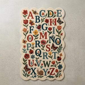 May include: A cream-colored alphabet rug with a scalloped edge. Each letter is surrounded by colorful flowers, butterflies, ladybugs, and a snail. The letters are in various colors, including red, teal, and brown.