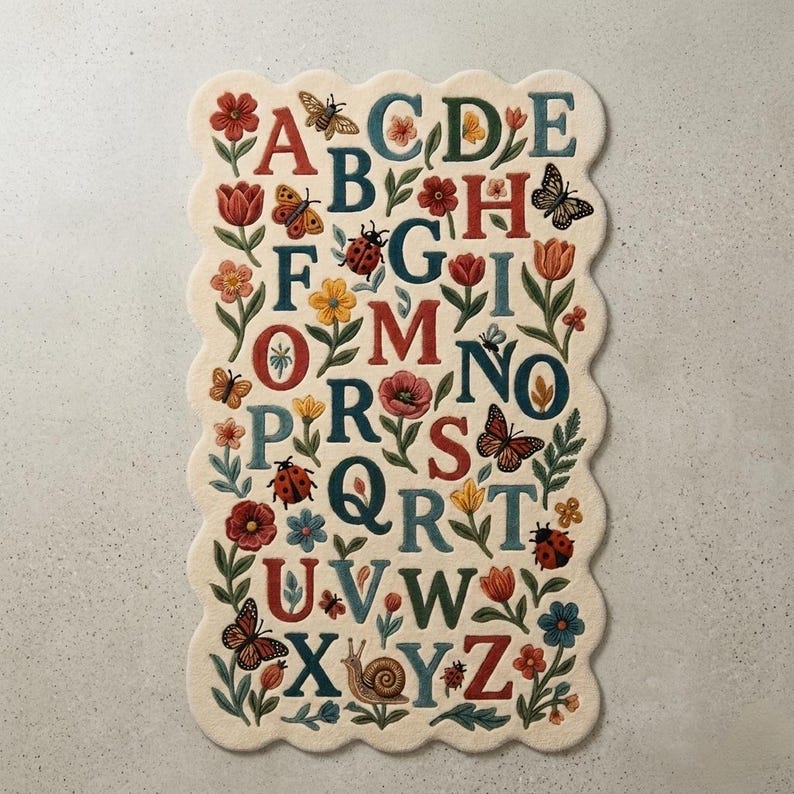 May include: A cream-colored alphabet rug with a scalloped edge. Each letter is surrounded by colorful flowers, butterflies, ladybugs, and a snail. The letters are in various colors, including red, teal, and brown.
