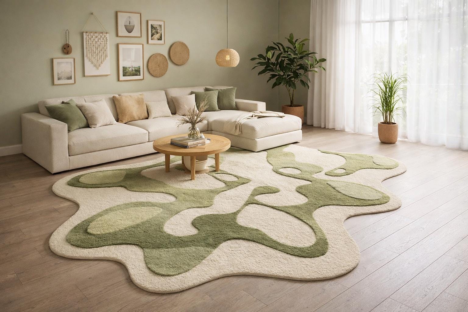 Organico Rugs Handmade Tufted Organic Rug | Olive Green Abstract Wavy Area Carpet ...
