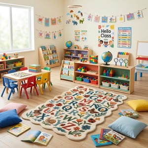 May include: A brightly lit classroom with a colorful rug featuring the alphabet, flowers, and insects. The room includes a small table with chairs, bookshelves, and educational toys. The walls are decorated with artwork and a "Hello Class" poster.