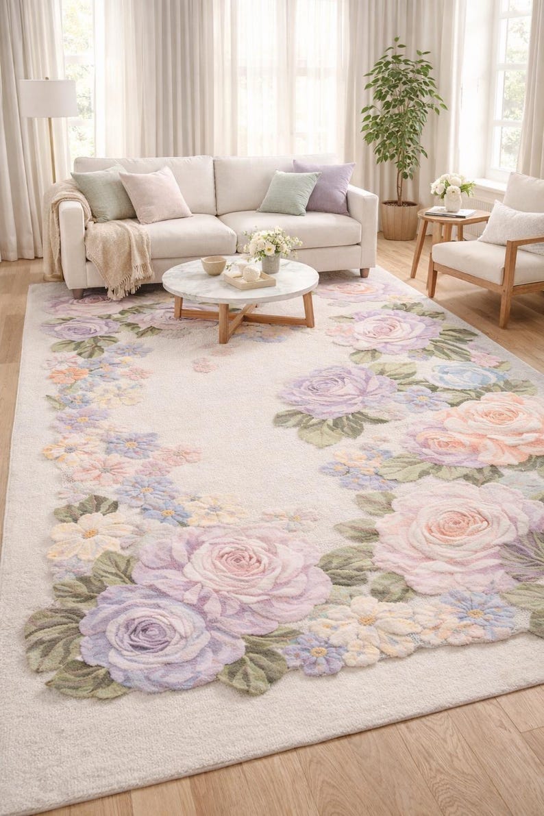 Handmade Pastel Floral Rose Area Rug | Tufted Cottagecore Carpet - Etsy UK