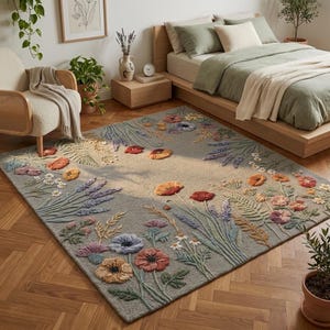 3D Botanical Floral Meadow Carpet, Handmade Tufted Wool Decor, Soft Pastel Nature Inspired Bedroom Accent