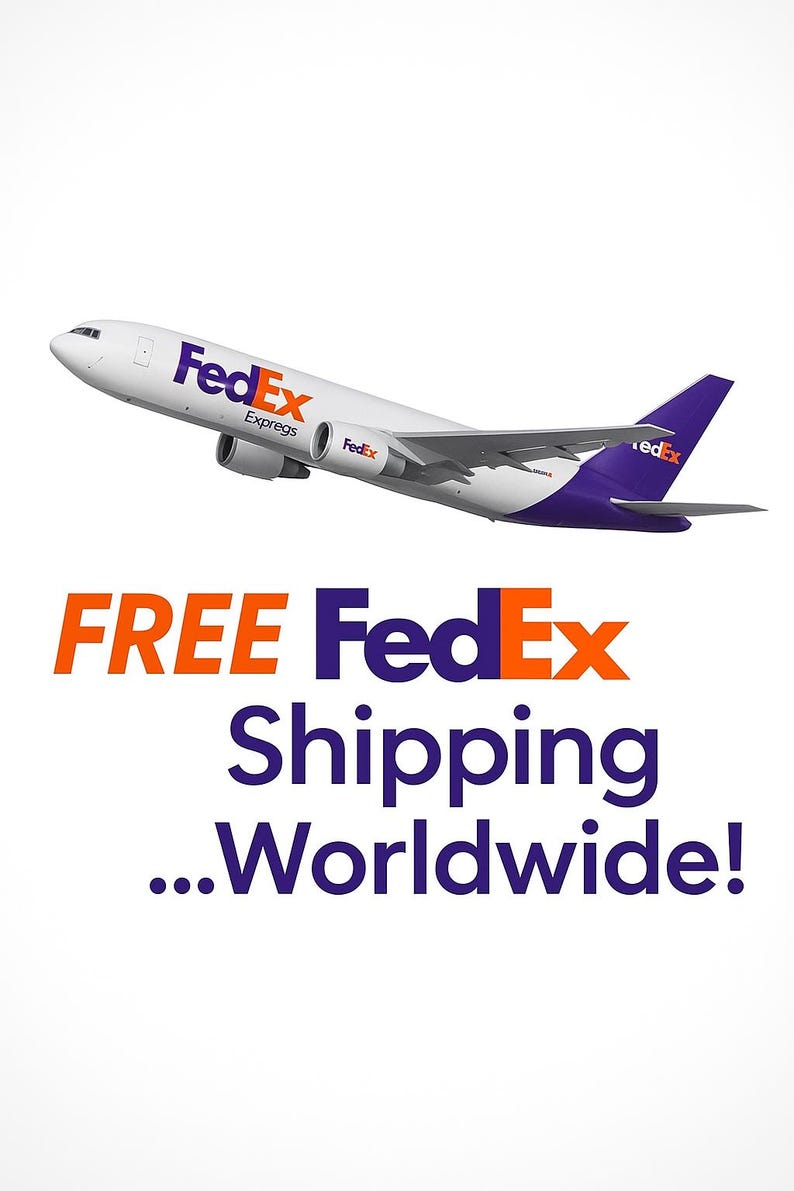 May include: A white FedEx cargo plane in flight, with the FedEx logo in purple and orange. The text "FREE FedEx Shipping...Worldwide!" is displayed in orange and purple below the plane.