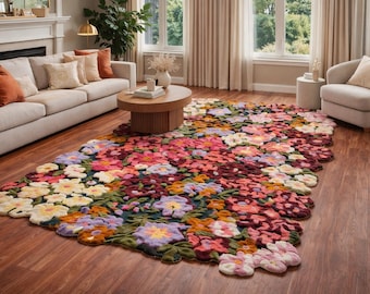 Kleurrijk bloementuintapijt | Handgemaakt getuft bloementapijt | 3D botanische woonkamer decor kinderkamer
