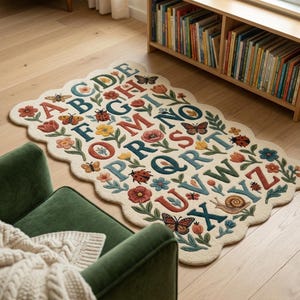 May include: A cream-colored rug with a scalloped edge features the alphabet in various colors, surrounded by floral and insect illustrations. Butterflies, ladybugs, and flowers are interspersed among the letters, creating a whimsical design.
