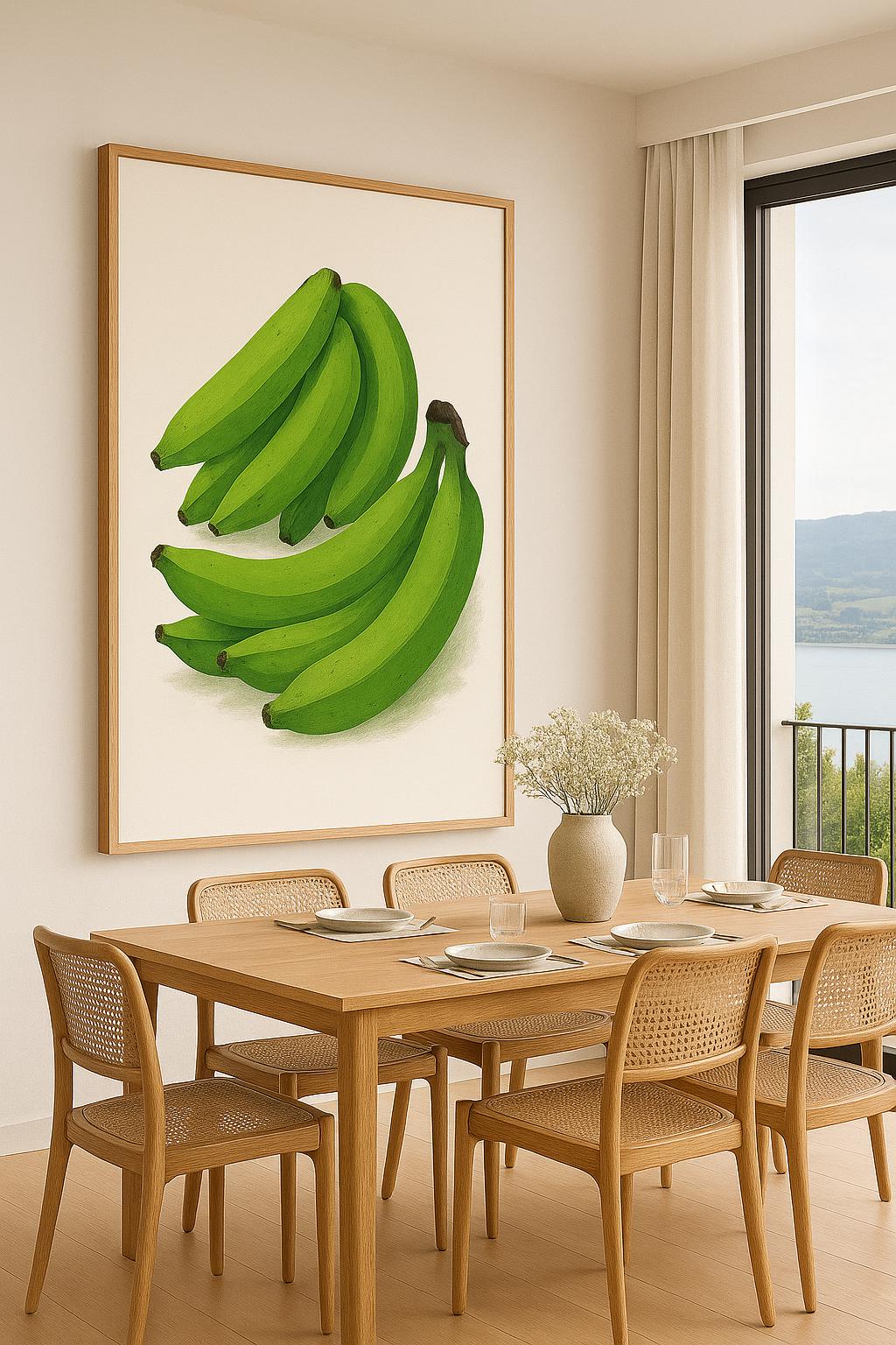 Green Bananas Poster – Tropical Minimalist Wall Art, Botanical Fruit Print, Modern Kitchen Decor, High Resolution 24x36 Printable