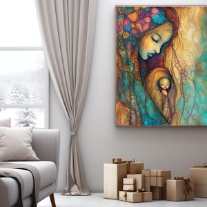 Mother and Child Canvas Art, Maternal Love Wall Decor, Minimalist Artwork