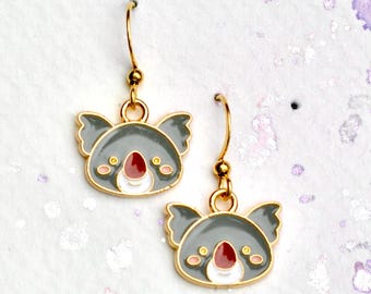 Grey Koala Earrings: Enamel Charm, Hypoallergenic Steel Ear Wires