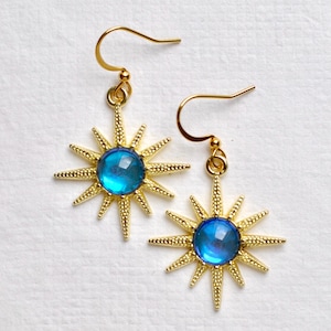 Golden Sun Earrings, Blue colour changing, Stars moon sky, Celestial earrings, Celestial gift,