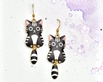 Black Cat Dangle Earrings, Black white striped cat Earring, Cat lover earrings, hypoallergenic, Cat with dangle tail, Black cat gift, Cat